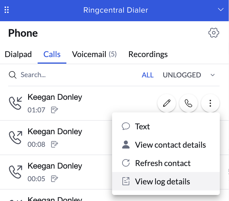 Call log with context menu open